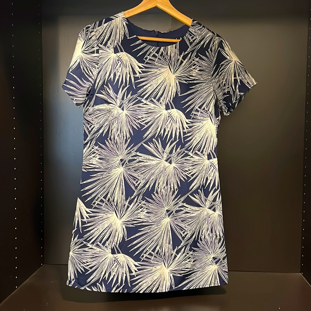 Blue/white patterned short sleeve mini t-shirt dress.
